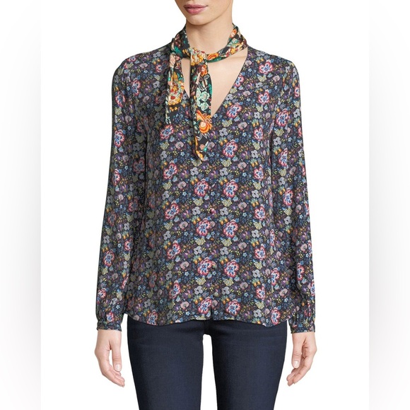 Frame Denim Tops - FRAME Open Scarf V-Neck Long-Sleeve Floral-Print Blouse